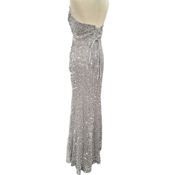 NWT Silver Strapless Sequin Evening Gown with Corset Back on Velvet Fabric - Picture 8 of 13